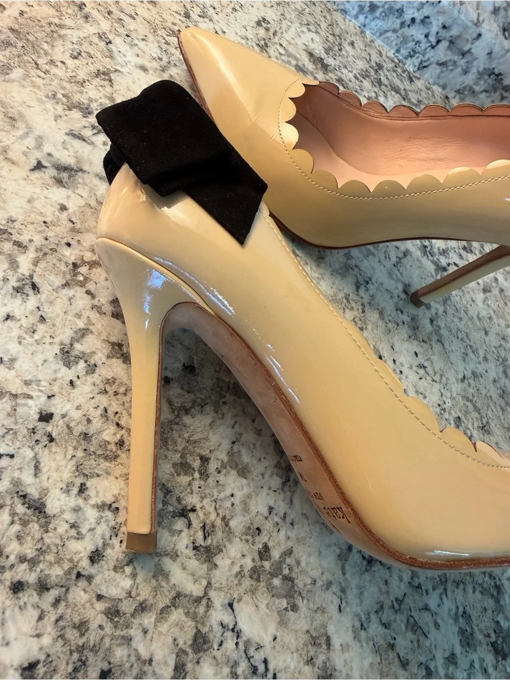 kate spade ♠️ Maxine Nude Scalloped Patent Pointed-Toe Stiletto Heels Black Bow